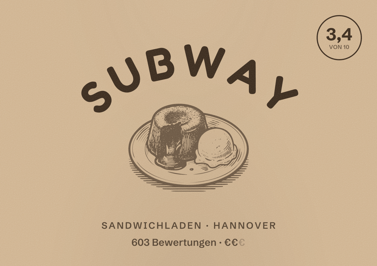 Illustriertes Poster von Subway, Sandwichladen in Hannover: Bewertung 3,4 von 10 aus 603 Bewertungen, Preisniveau €€