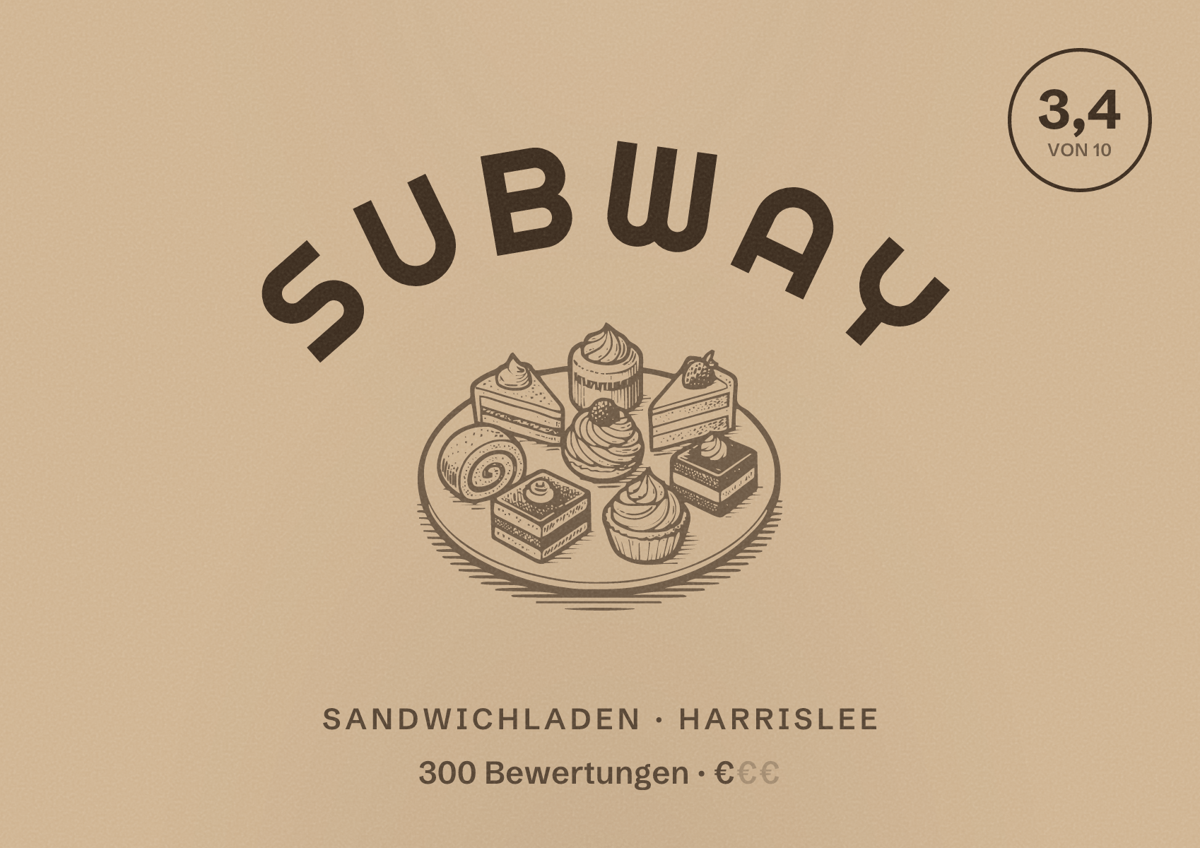 Illustriertes Poster von Subway, Sandwichladen in Harrislee: Bewertung 3,4 von 10 aus 300 Bewertungen, Preisniveau €