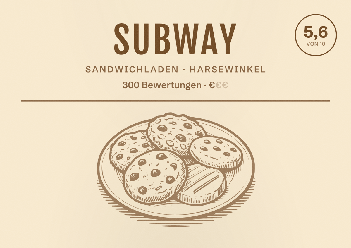 Illustriertes Poster von Subway, Sandwichladen in Harsewinkel: Bewertung 5,6 von 10 aus 300 Bewertungen, Preisniveau €
