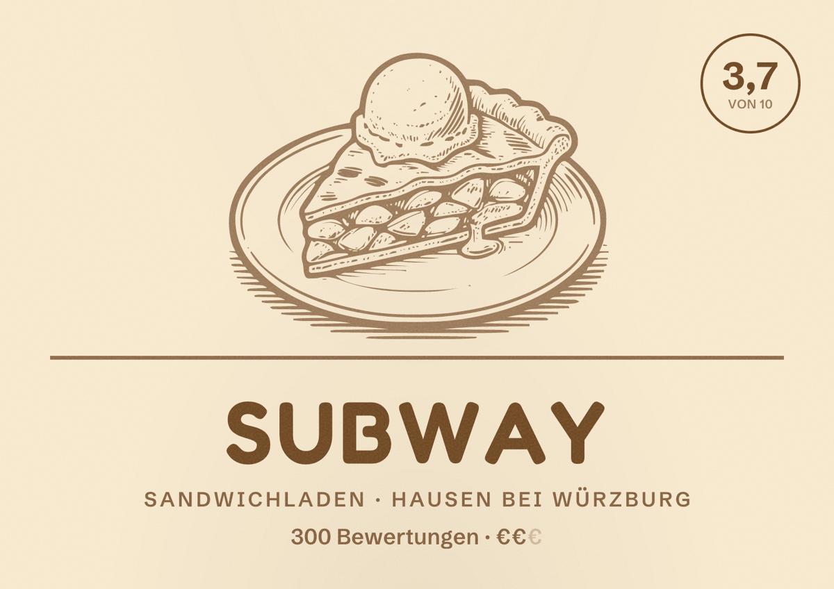 Illustriertes Poster von Subway, Sandwichladen in Hausen bei Würzburg: Bewertung 3,7 von 10 aus 300 Bewertungen, Preisniveau €€