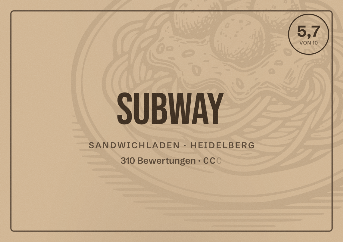 Illustriertes Poster von Subway, Sandwichladen in Heidelberg: Gästebewertung 5,7 von 10 aus 310 Bewertungen