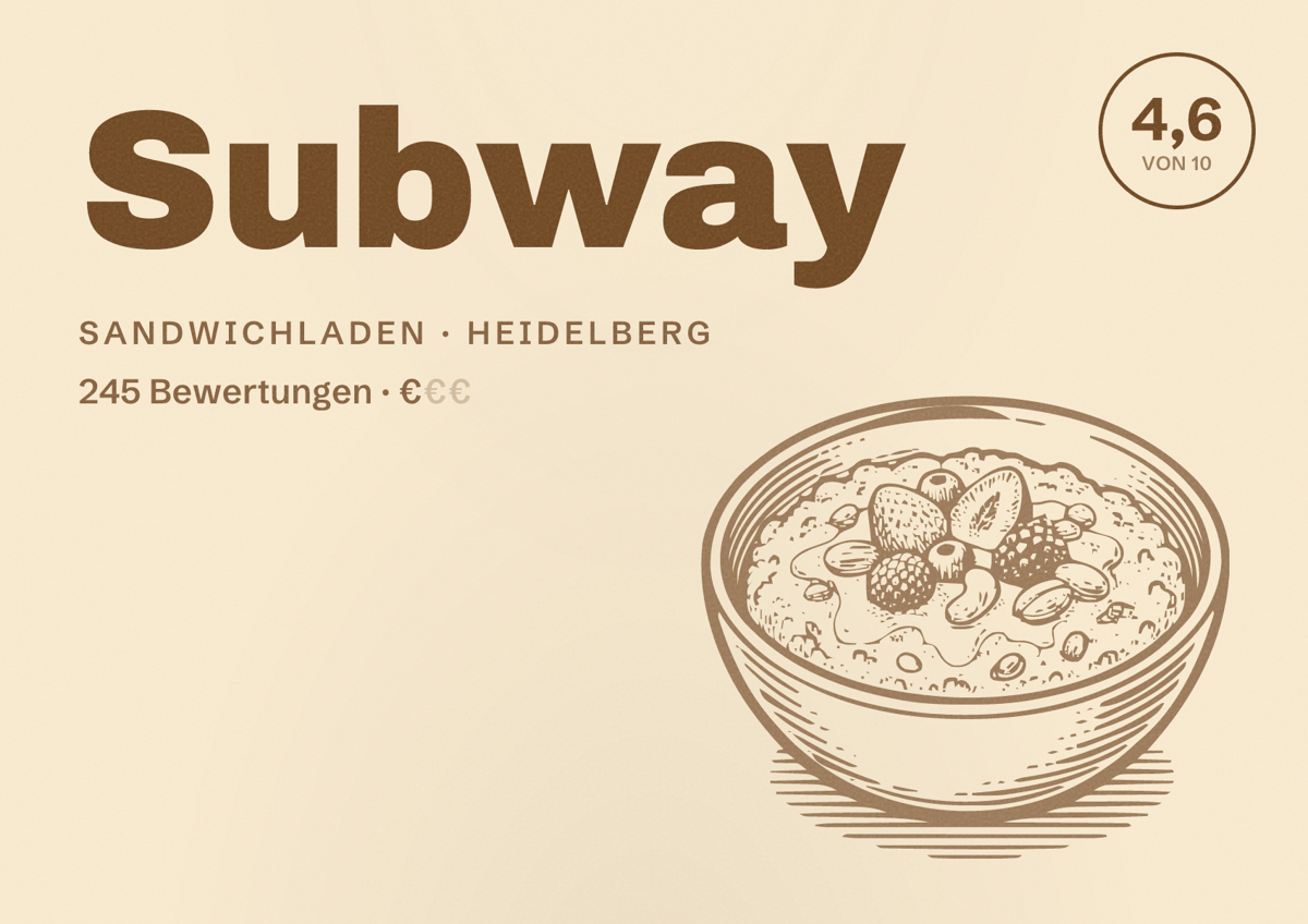 Illustriertes Poster von Subway, Sandwichladen in Heidelberg: Bewertung 4,6 von 10 aus 245 Bewertungen, Preisniveau €