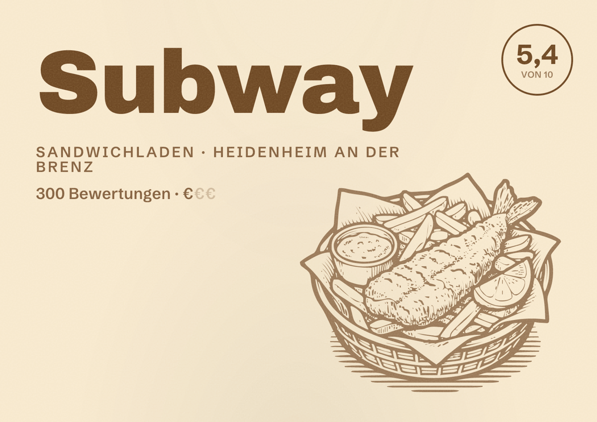 Illustriertes Poster von Subway, Sandwichladen in Heidenheim an der Brenz: Bewertung 5,4 von 10 aus 300 Bewertungen, Preisniveau €