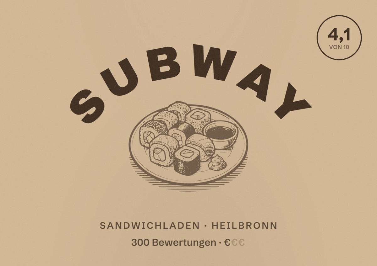 Illustriertes Poster von Subway, Sandwichladen in Heilbronn: Bewertung 4,1 von 10 aus 300 Bewertungen, Preisniveau €