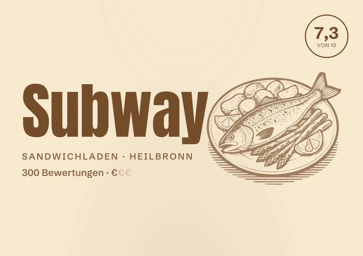 Illustriertes Poster von Subway, Sandwichladen in Heilbronn: Bewertung 7,3 von 10 aus 300 Bewertungen, Preisniveau €