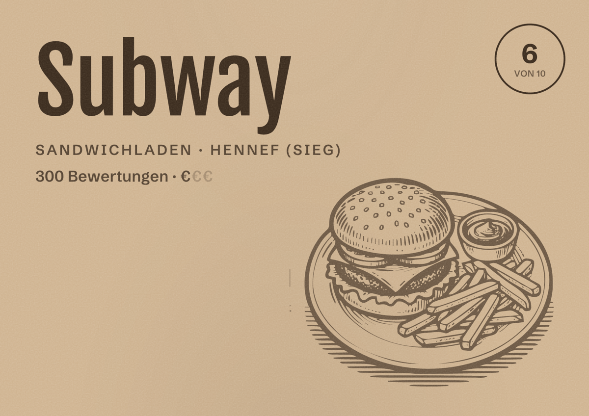 Illustriertes Poster von Subway, Sandwichladen in Hennef (Sieg): Bewertung 6 von 10 aus 300 Bewertungen, Preisniveau €