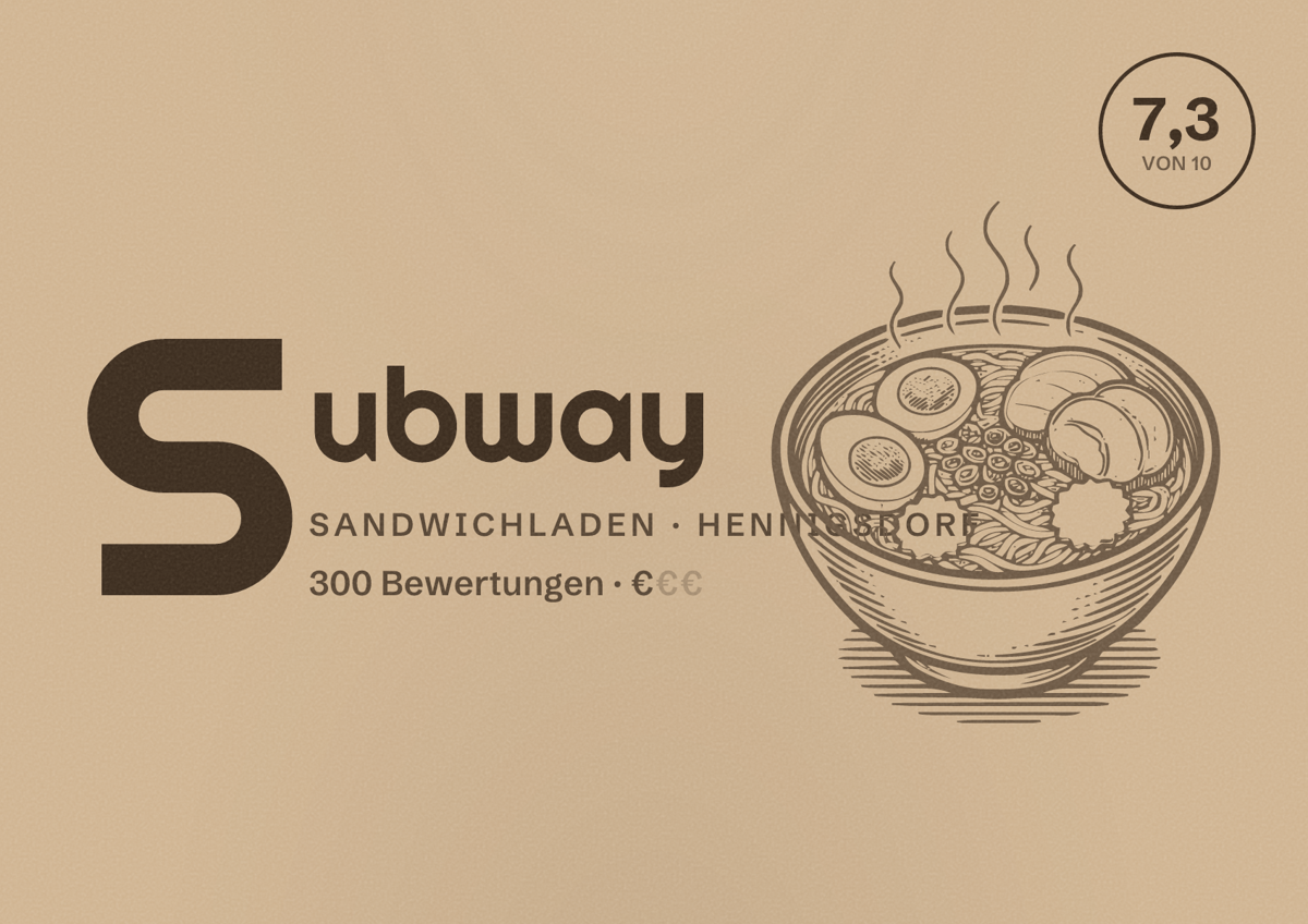 Illustriertes Poster von Subway, Sandwichladen in Hennigsdorf: Bewertung 7,3 von 10 aus 300 Bewertungen, Preisniveau €