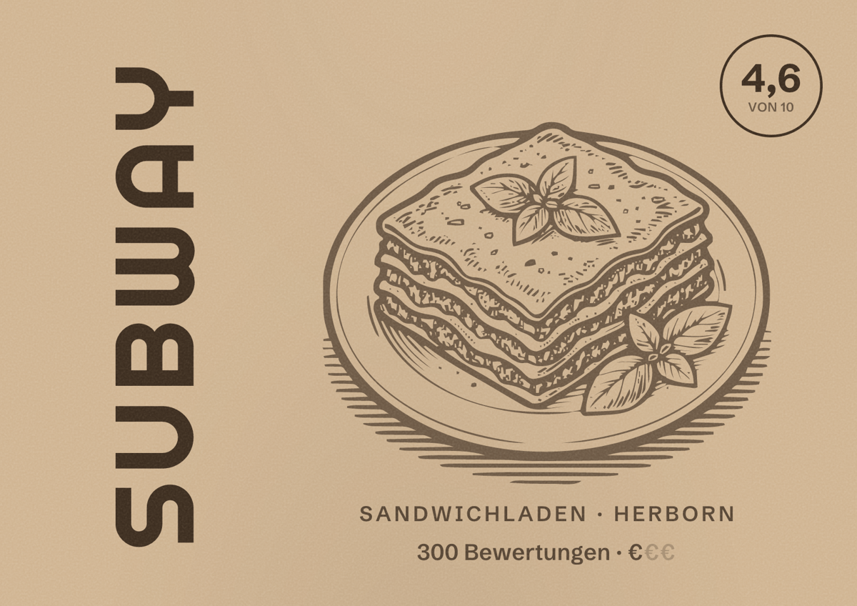 Illustriertes Poster von Subway, Sandwichladen in Herborn: Bewertung 4,6 von 10 aus 300 Bewertungen, Preisniveau €