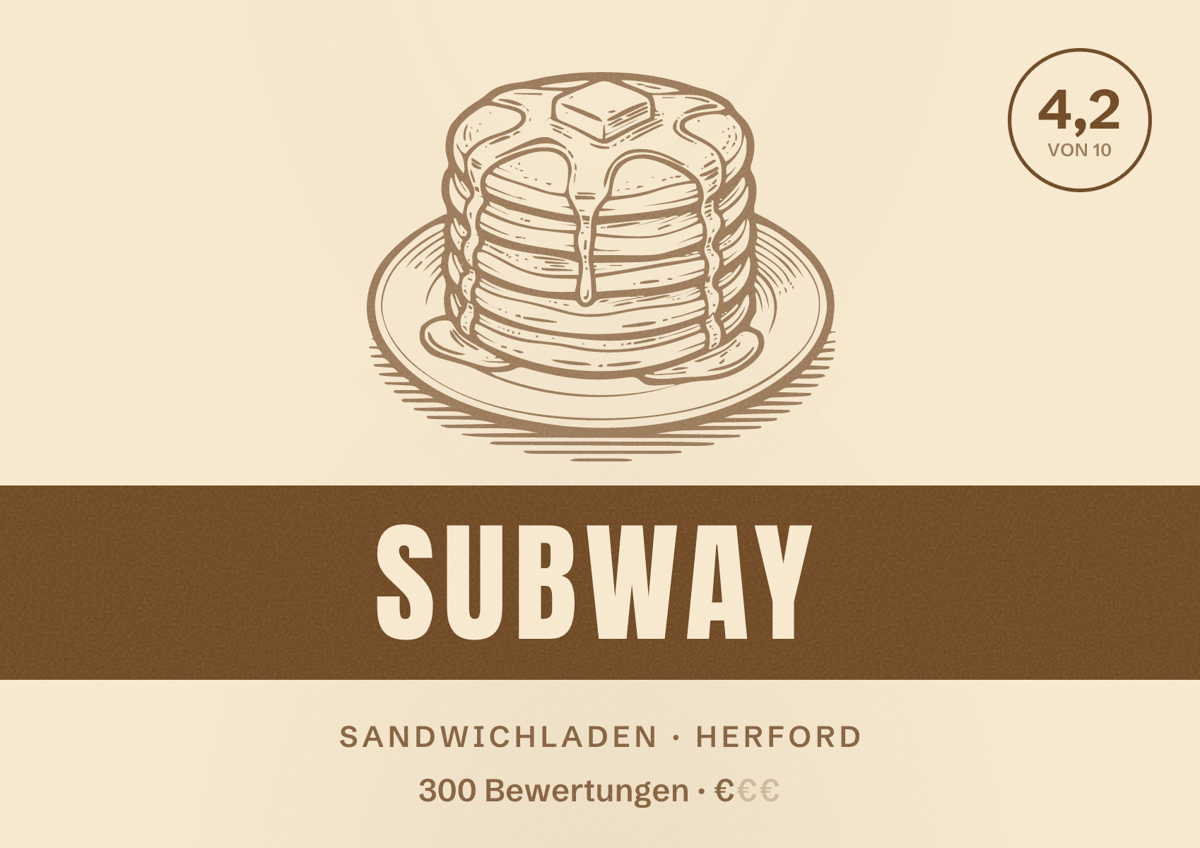 Illustriertes Poster von Subway, Sandwichladen in Herford: Bewertung 4,2 von 10 aus 300 Bewertungen, Preisniveau €