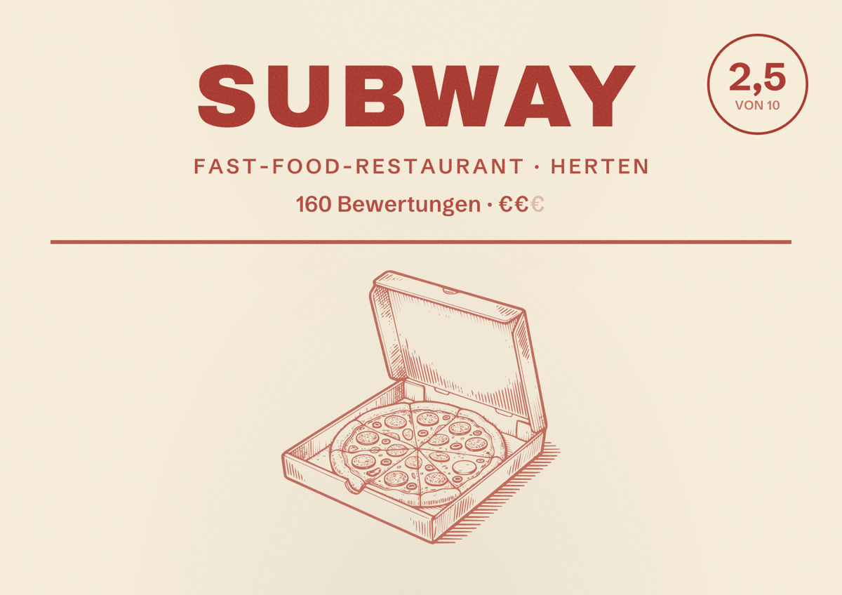 Illustriertes Poster von Subway, Fast-Food-Restaurant in Herten: Bewertung 2,5 von 10 aus 160 Bewertungen, Preisniveau €€