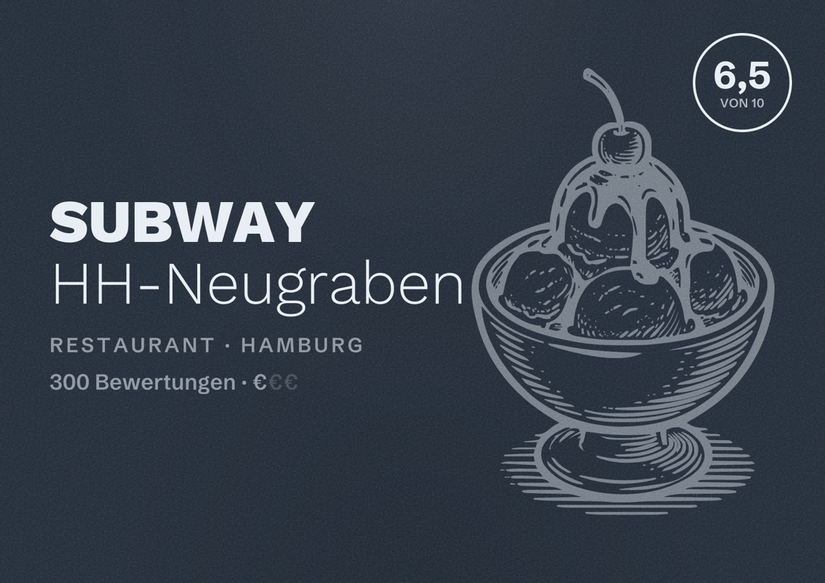 Illustriertes Poster von SUBWAY HH-Neugraben, Restaurant in Hamburg: Bewertung 6,5 von 10 aus 300 Bewertungen, Preisniveau €