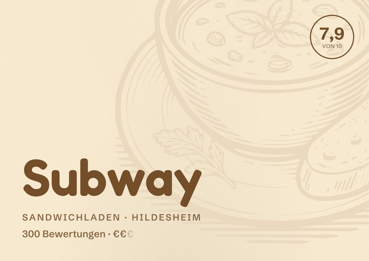 Illustriertes Poster von Subway, Sandwichladen in Hildesheim: Bewertung 7,9 von 10 aus 300 Bewertungen, Preisniveau €€