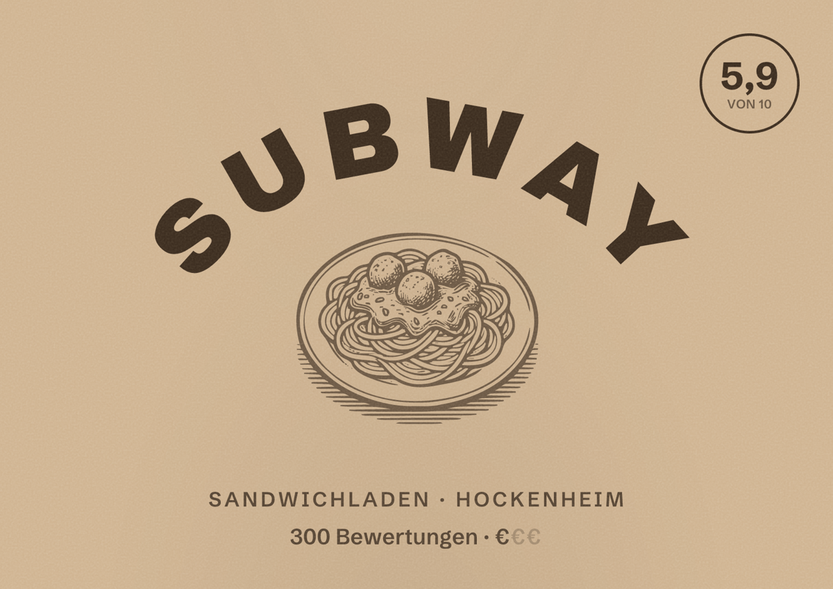 Illustriertes Poster von Subway, Sandwichladen in Hockenheim: Bewertung 5,9 von 10 aus 300 Bewertungen, Preisniveau €