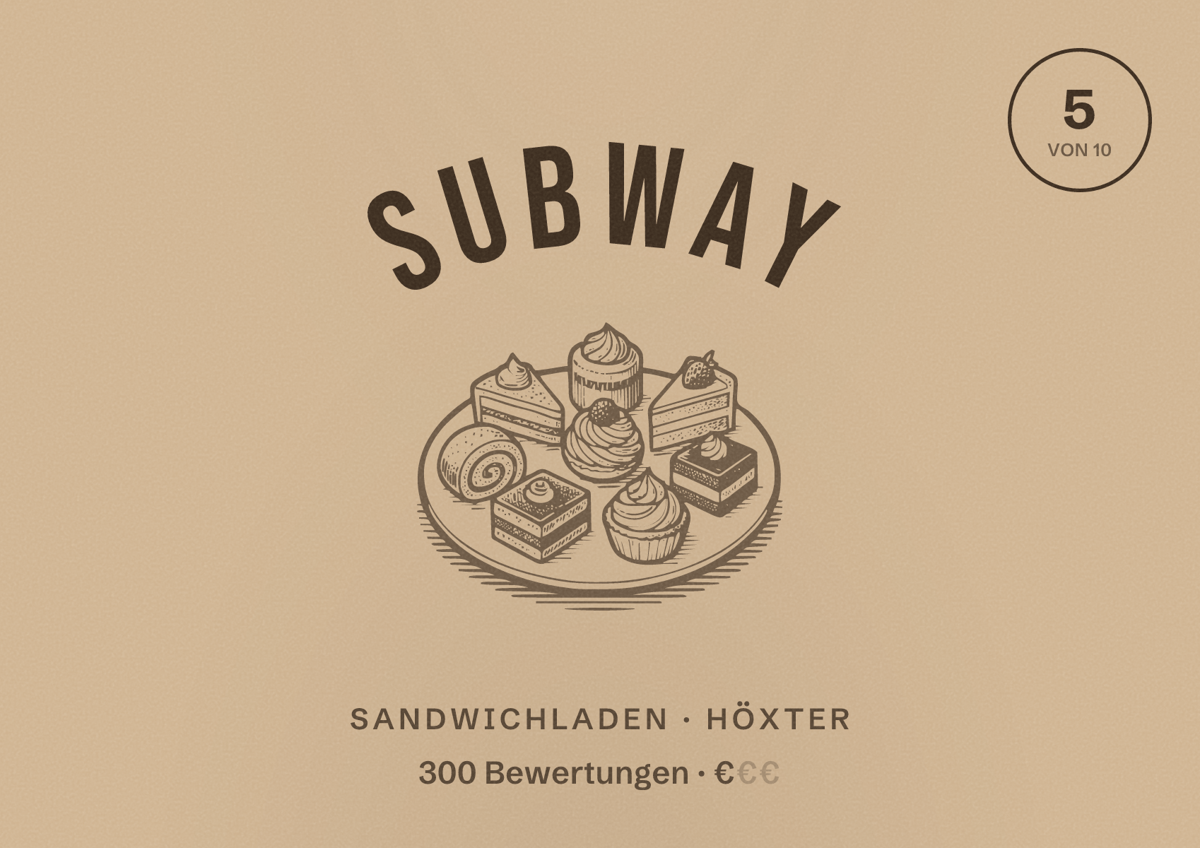 Illustriertes Poster von Subway, Sandwichladen in Höxter: Bewertung 5 von 10 aus 300 Bewertungen, Preisniveau €