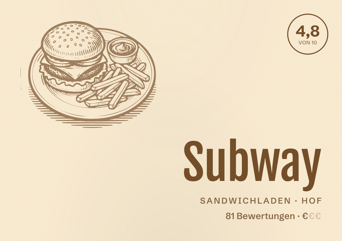 Illustriertes Poster von Subway, Sandwichladen in Hof: Bewertung 4,8 von 10 aus 81 Bewertungen, Preisniveau €