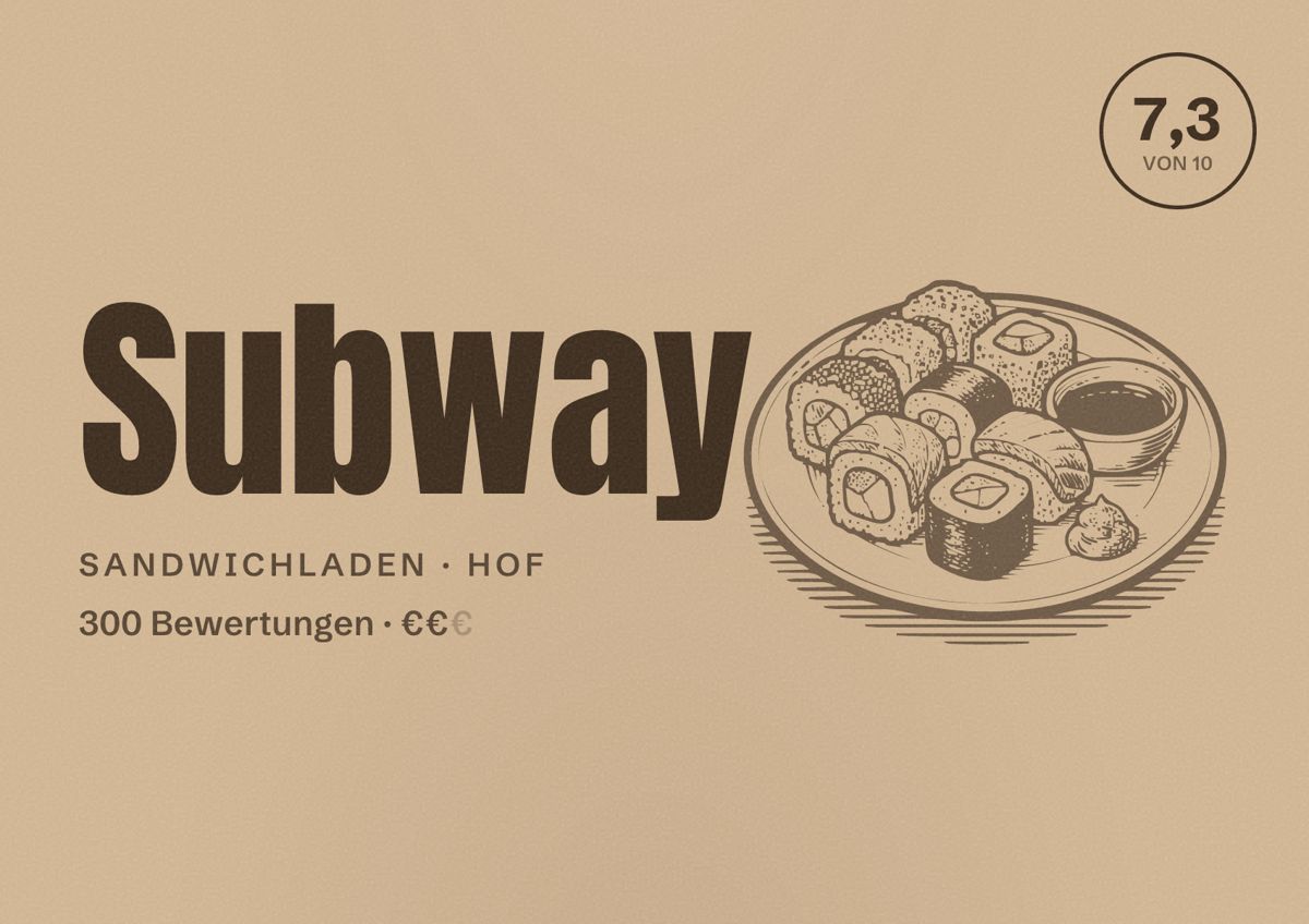 Illustriertes Poster von Subway, Sandwichladen in Hof: Bewertung 7,3 von 10 aus 300 Bewertungen, Preisniveau €€