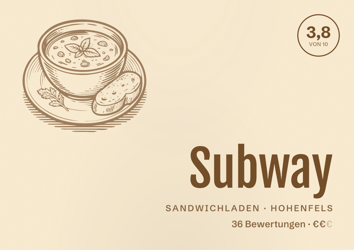 Illustriertes Poster von Subway, Sandwichladen in Hohenfels: Bewertung 3,8 von 10 aus 36 Bewertungen, Preisniveau €€