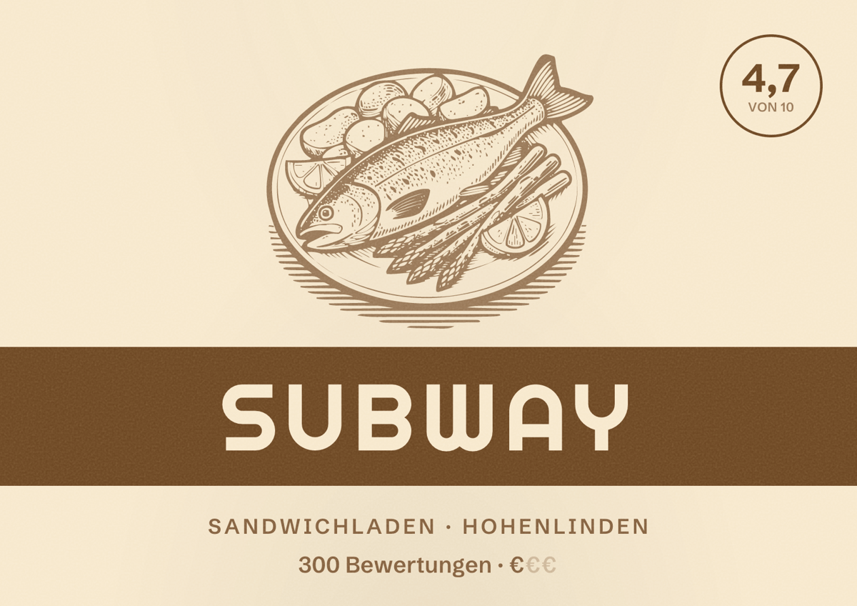 Illustriertes Poster von Subway, Sandwichladen in Hohenlinden: Bewertung 4,7 von 10 aus 300 Bewertungen, Preisniveau €