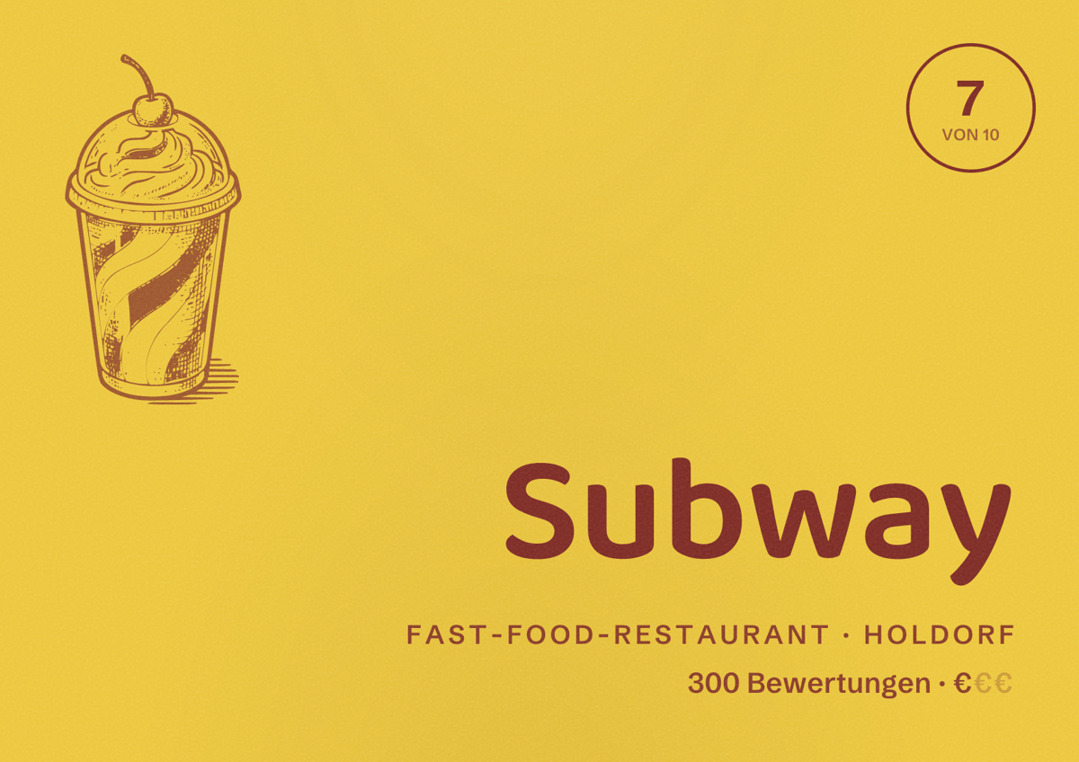 Illustriertes Poster von Subway, Fast-Food-Restaurant in Holdorf: Bewertung 7 von 10 aus 300 Bewertungen, Preisniveau €