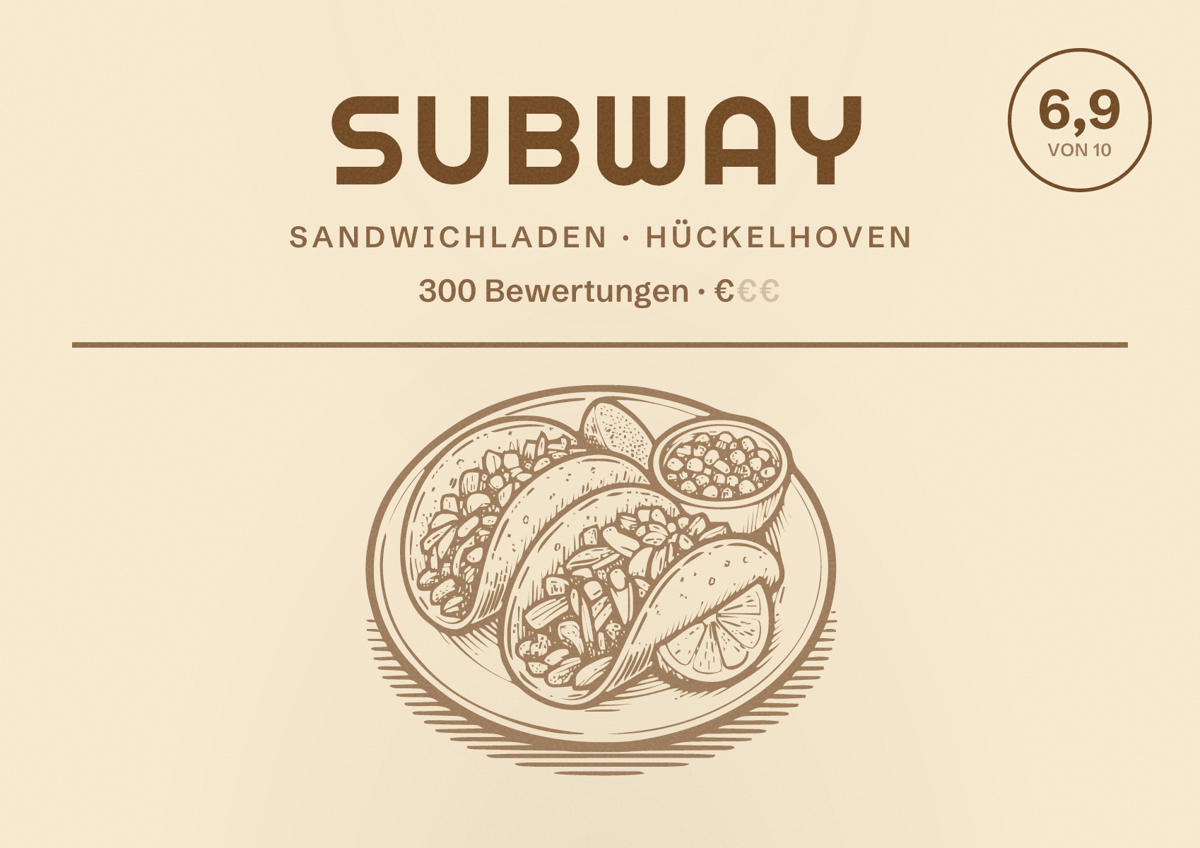 Illustriertes Poster von Subway, Sandwichladen in Hückelhoven: Bewertung 6,9 von 10 aus 300 Bewertungen, Preisniveau €