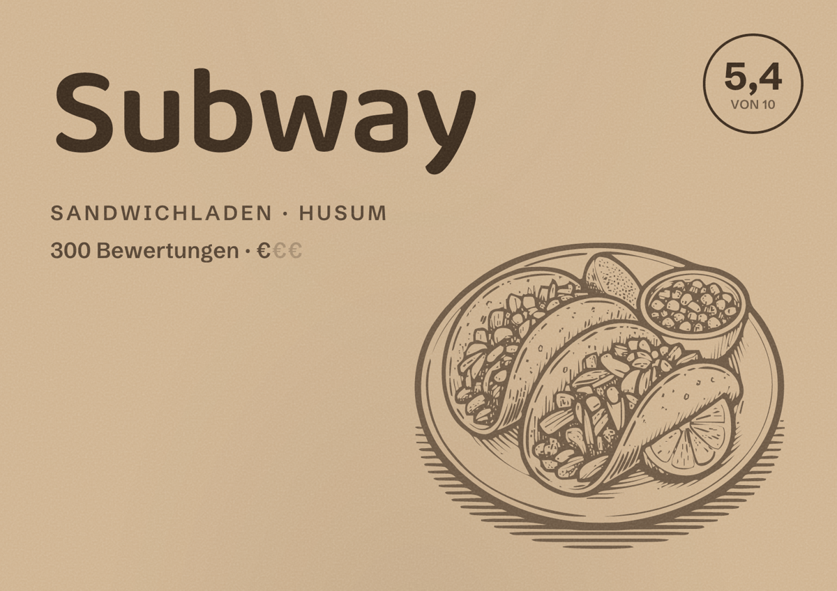 Illustriertes Poster von Subway, Sandwichladen in Husum: Bewertung 5,4 von 10 aus 300 Bewertungen, Preisniveau €