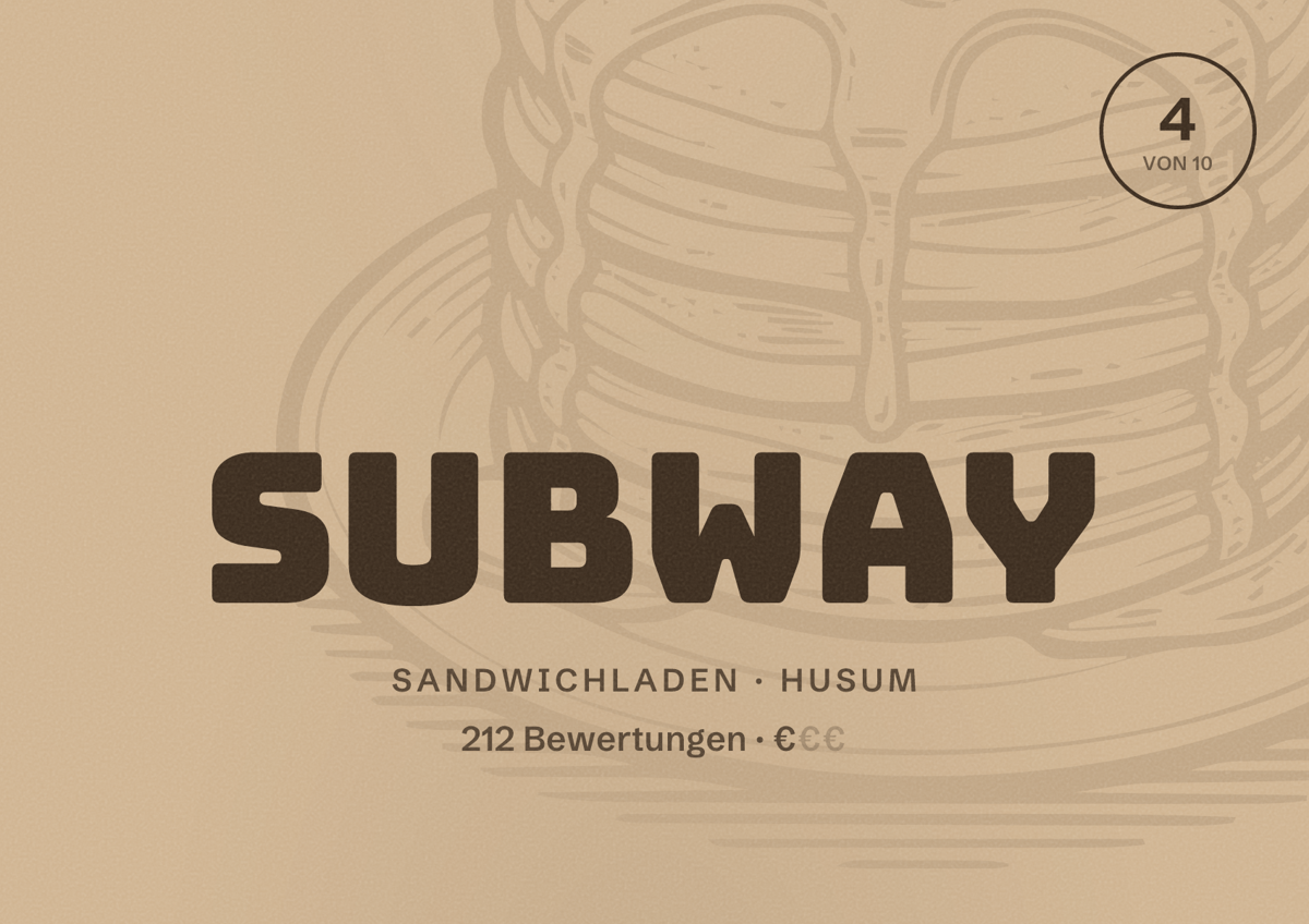 Illustriertes Poster von Subway, Sandwichladen in Husum: Bewertung 4 von 10 aus 212 Bewertungen, Preisniveau €