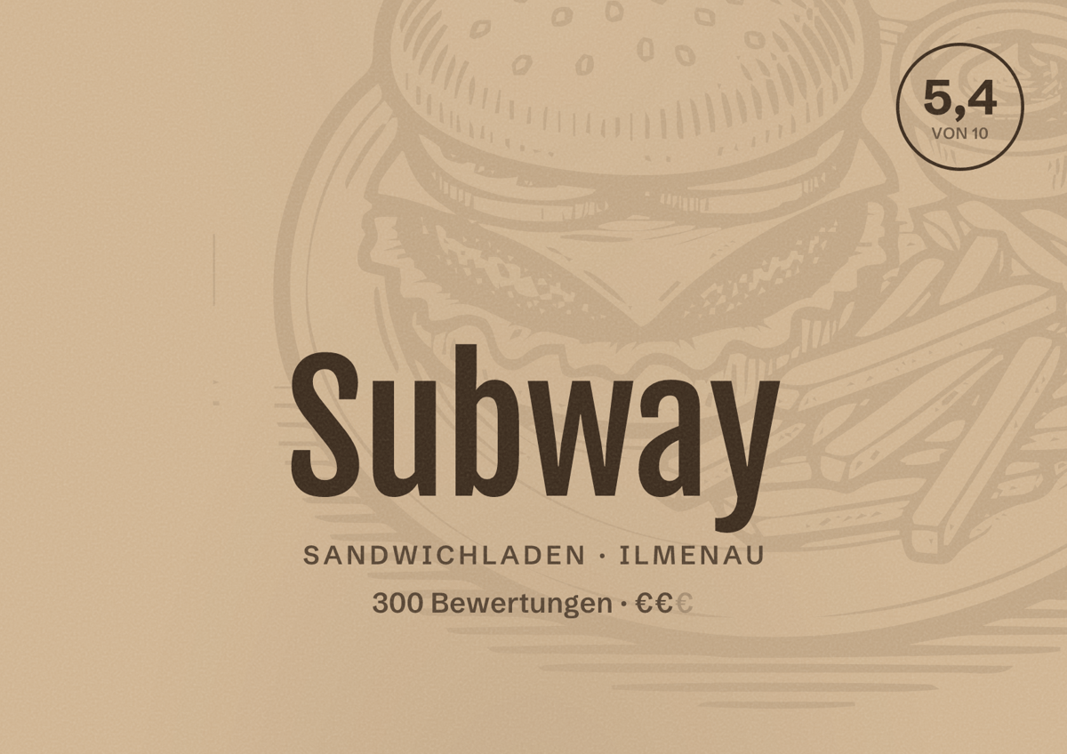 Illustriertes Poster von Subway, Sandwichladen in Ilmenau: Bewertung 5,4 von 10 aus 300 Bewertungen, Preisniveau €€