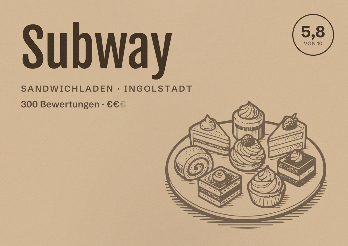 Illustriertes Poster von Subway, Sandwichladen in Ingolstadt: Bewertung 5,8 von 10 aus 300 Bewertungen, Preisniveau €€