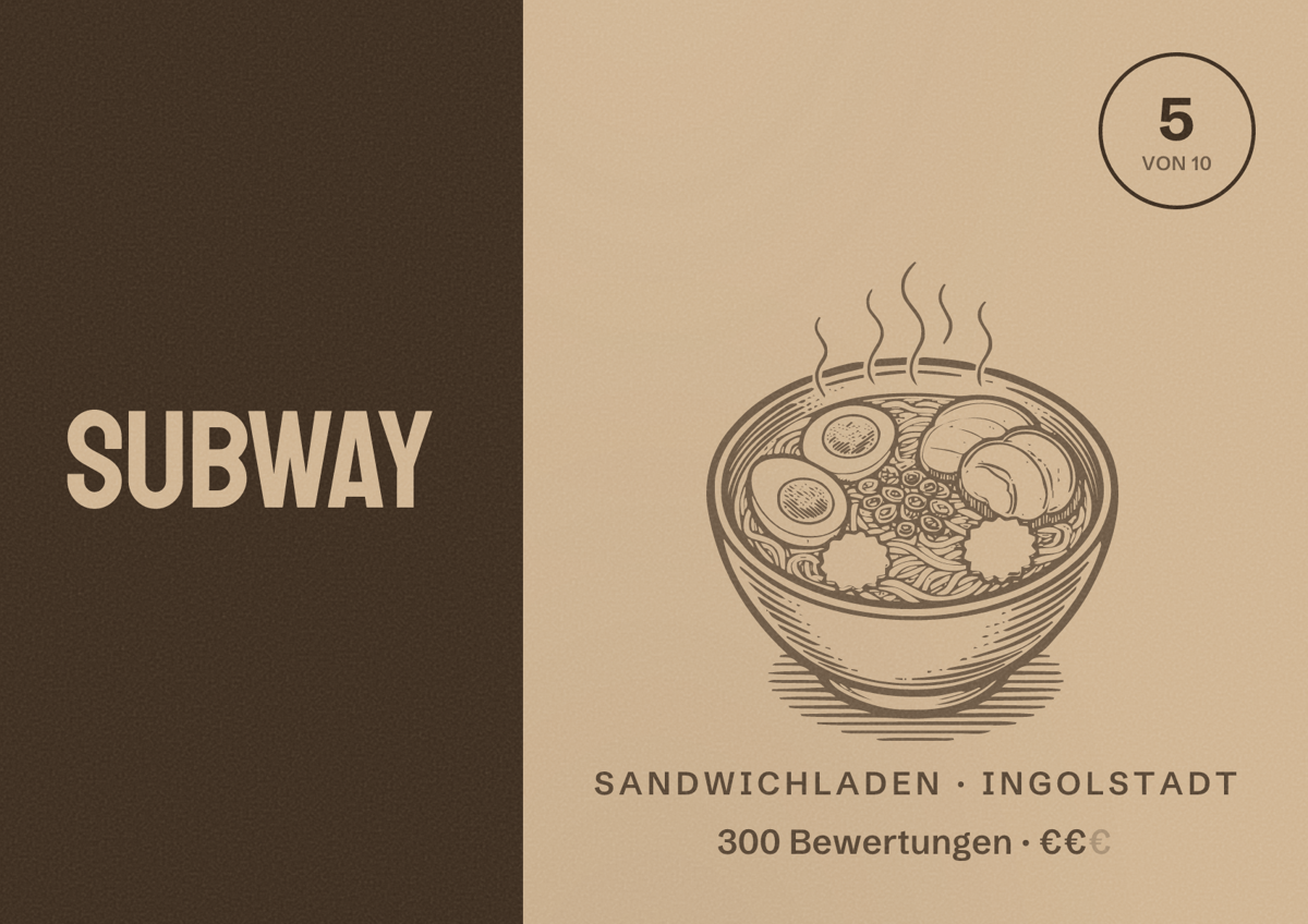 Illustriertes Poster von Subway, Sandwichladen in Ingolstadt: Bewertung 5 von 10 aus 300 Bewertungen, Preisniveau €€