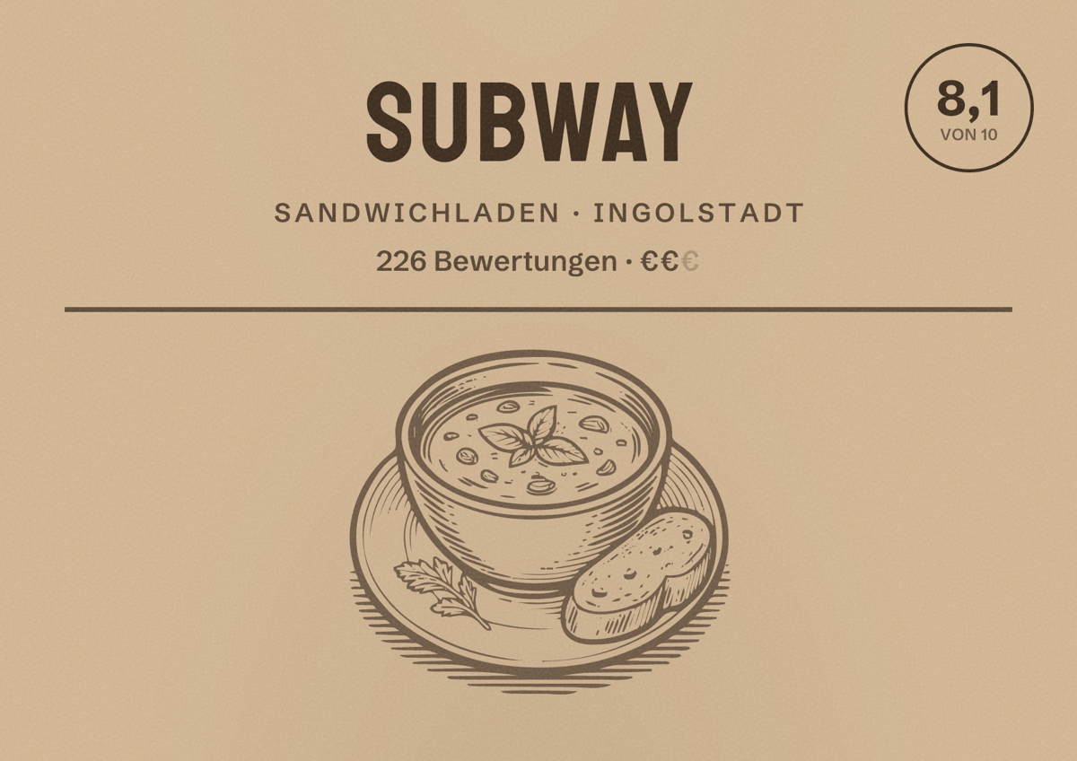 Illustriertes Poster von Subway, Sandwichladen in Ingolstadt: Bewertung 8,1 von 10 aus 226 Bewertungen, Preisniveau €€
