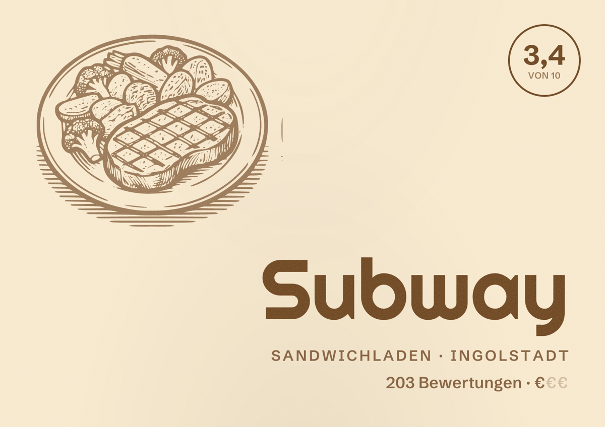 Illustriertes Poster von Subway, Sandwichladen in Ingolstadt: Bewertung 3,4 von 10 aus 203 Bewertungen, Preisniveau €