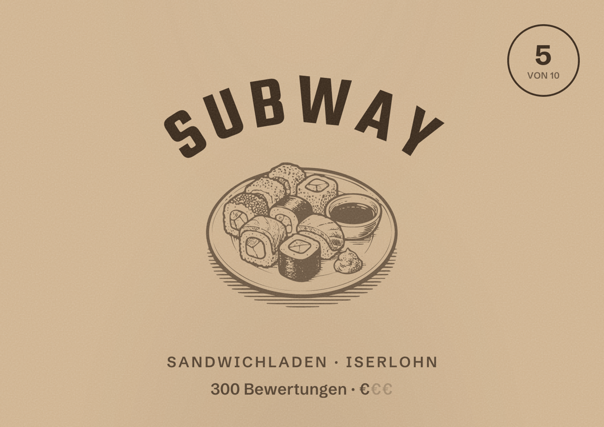 Illustriertes Poster von Subway, Sandwichladen in Iserlohn: Bewertung 5 von 10 aus 300 Bewertungen, Preisniveau €