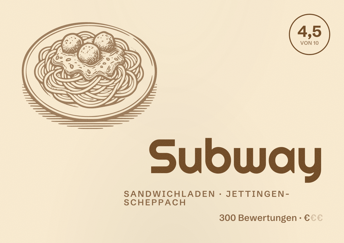 Illustriertes Poster von Subway, Sandwichladen in Jettingen-Scheppach: Bewertung 4,5 von 10 aus 300 Bewertungen, Preisniveau €