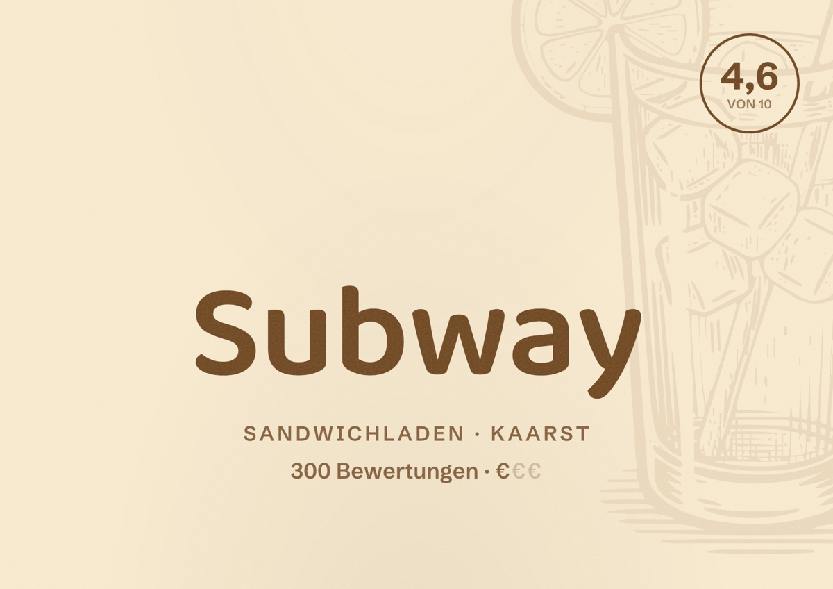 Illustriertes Poster von Subway, Sandwichladen in Kaarst: Bewertung 4,6 von 10 aus 300 Bewertungen, Preisniveau €