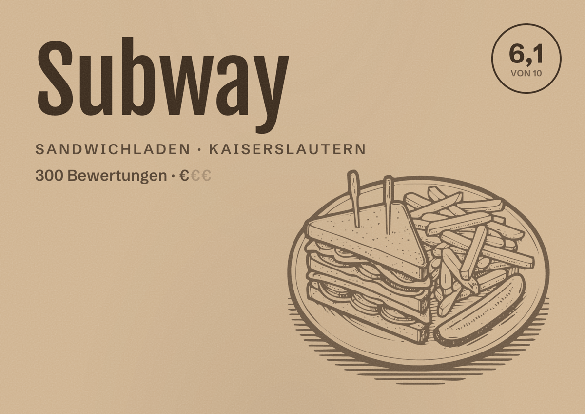 Illustriertes Poster von Subway, Sandwichladen in Kaiserslautern: Bewertung 6,1 von 10 aus 300 Bewertungen, Preisniveau €
