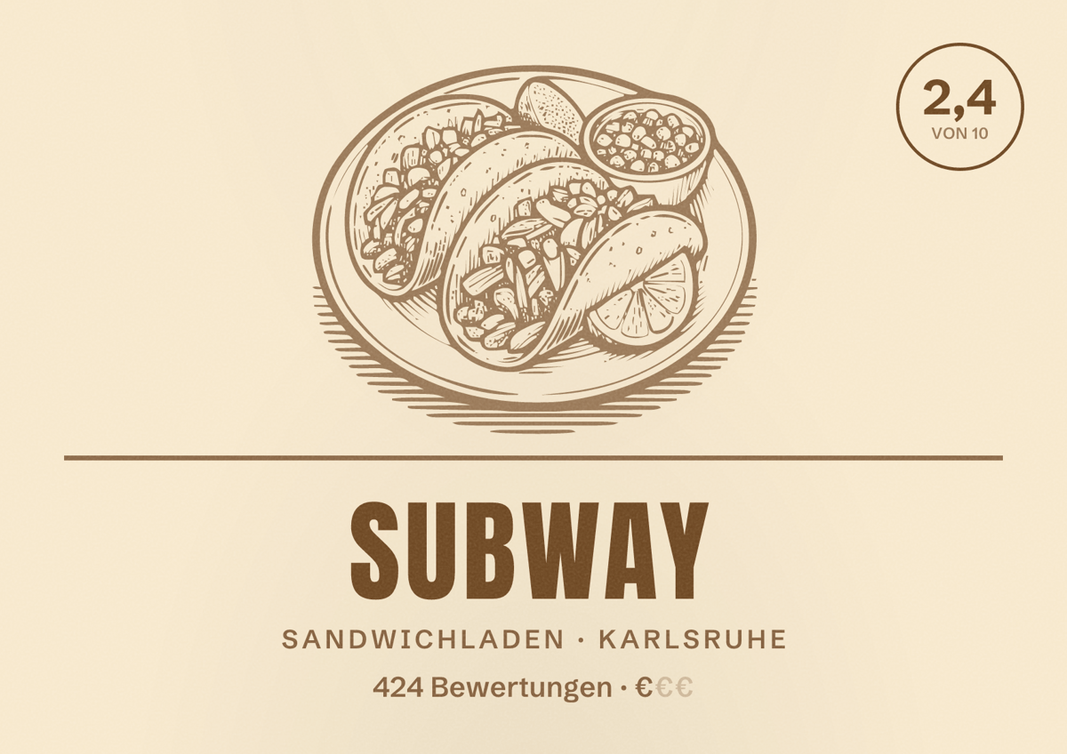 Illustriertes Poster von Subway, Sandwichladen in Karlsruhe: Bewertung 2,4 von 10 aus 424 Bewertungen, Preisniveau €