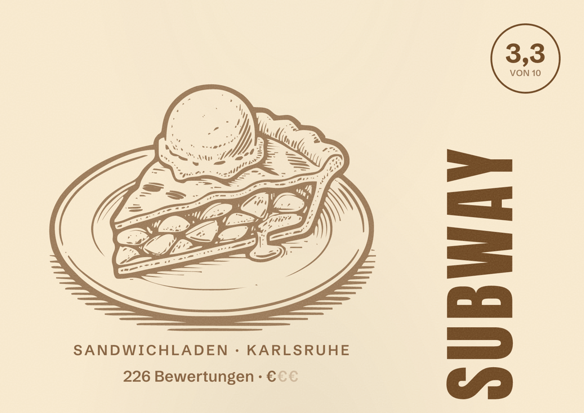 Illustriertes Poster von Subway, Sandwichladen in Karlsruhe: Bewertung 3,3 von 10 aus 226 Bewertungen, Preisniveau €