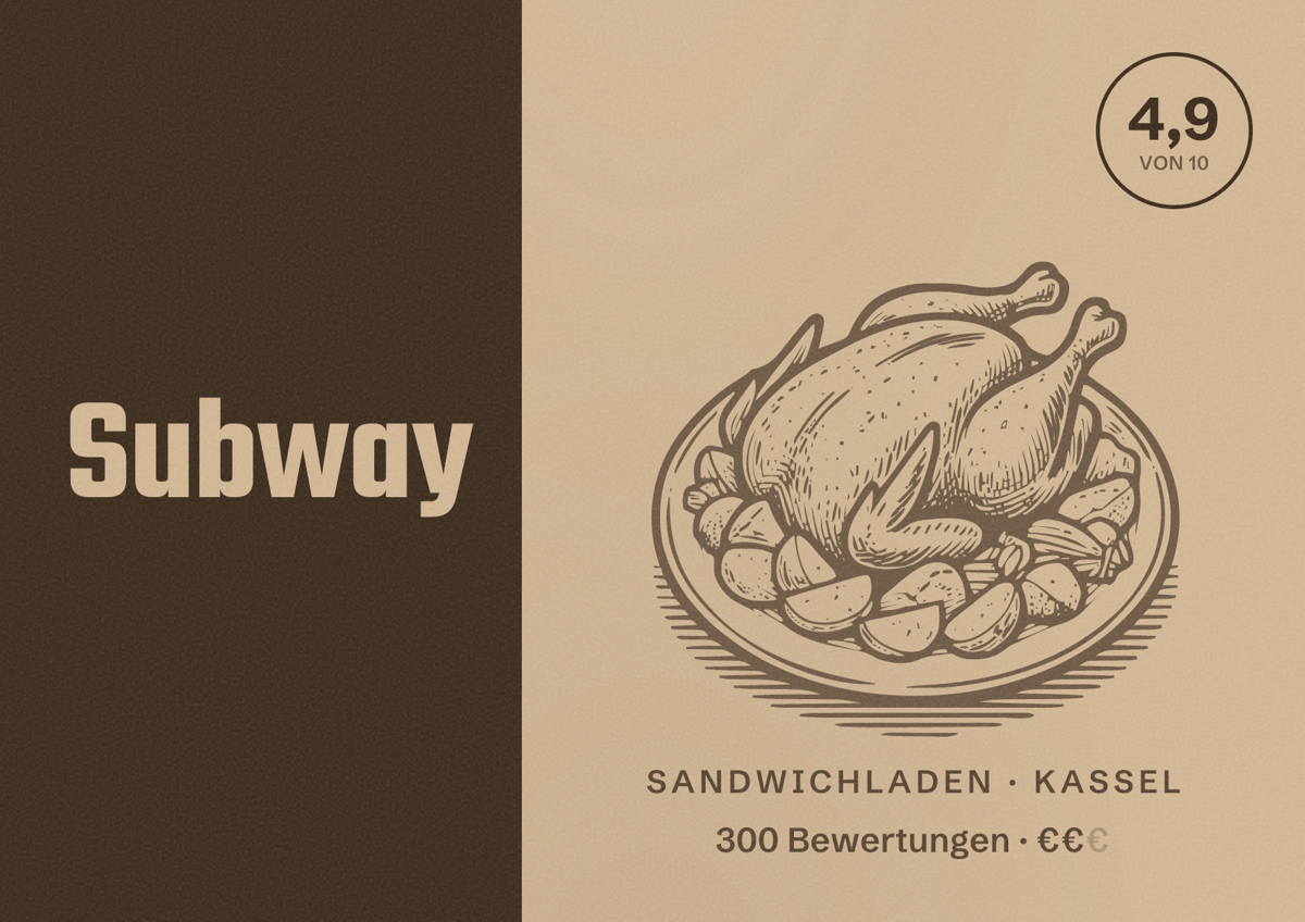 Illustriertes Poster von Subway, Sandwichladen in Kassel: Bewertung 4,9 von 10 aus 300 Bewertungen, Preisniveau €€