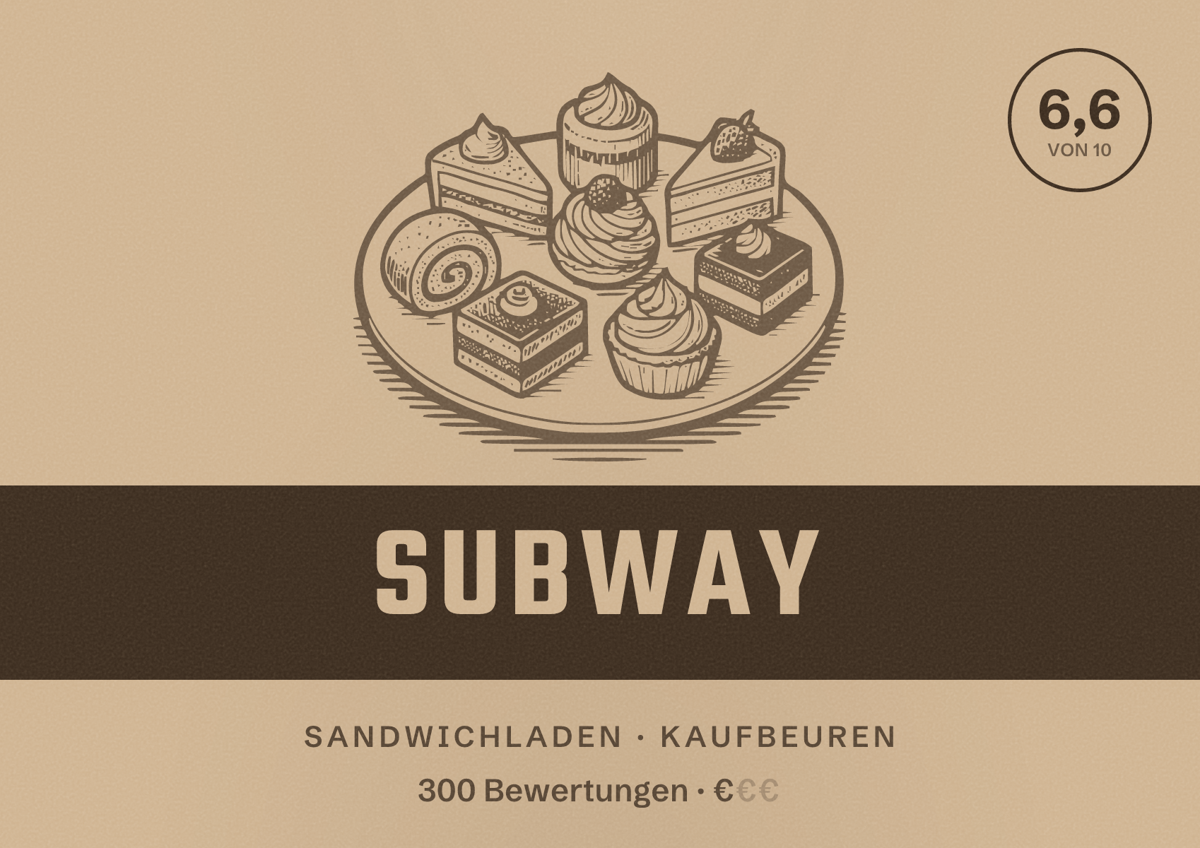 Illustriertes Poster von Subway, Sandwichladen in Kaufbeuren: Bewertung 6,6 von 10 aus 300 Bewertungen, Preisniveau €