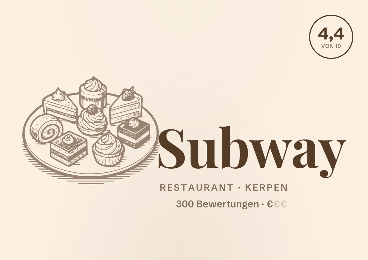 Illustriertes Poster von Subway, Restaurant in Kerpen: Bewertung 4,4 von 10 aus 300 Bewertungen, Preisniveau €