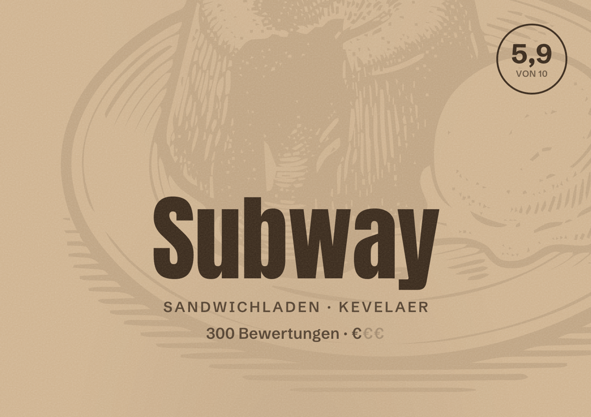 Illustriertes Poster von Subway, Sandwichladen in Kevelaer: Bewertung 5,9 von 10 aus 300 Bewertungen, Preisniveau €