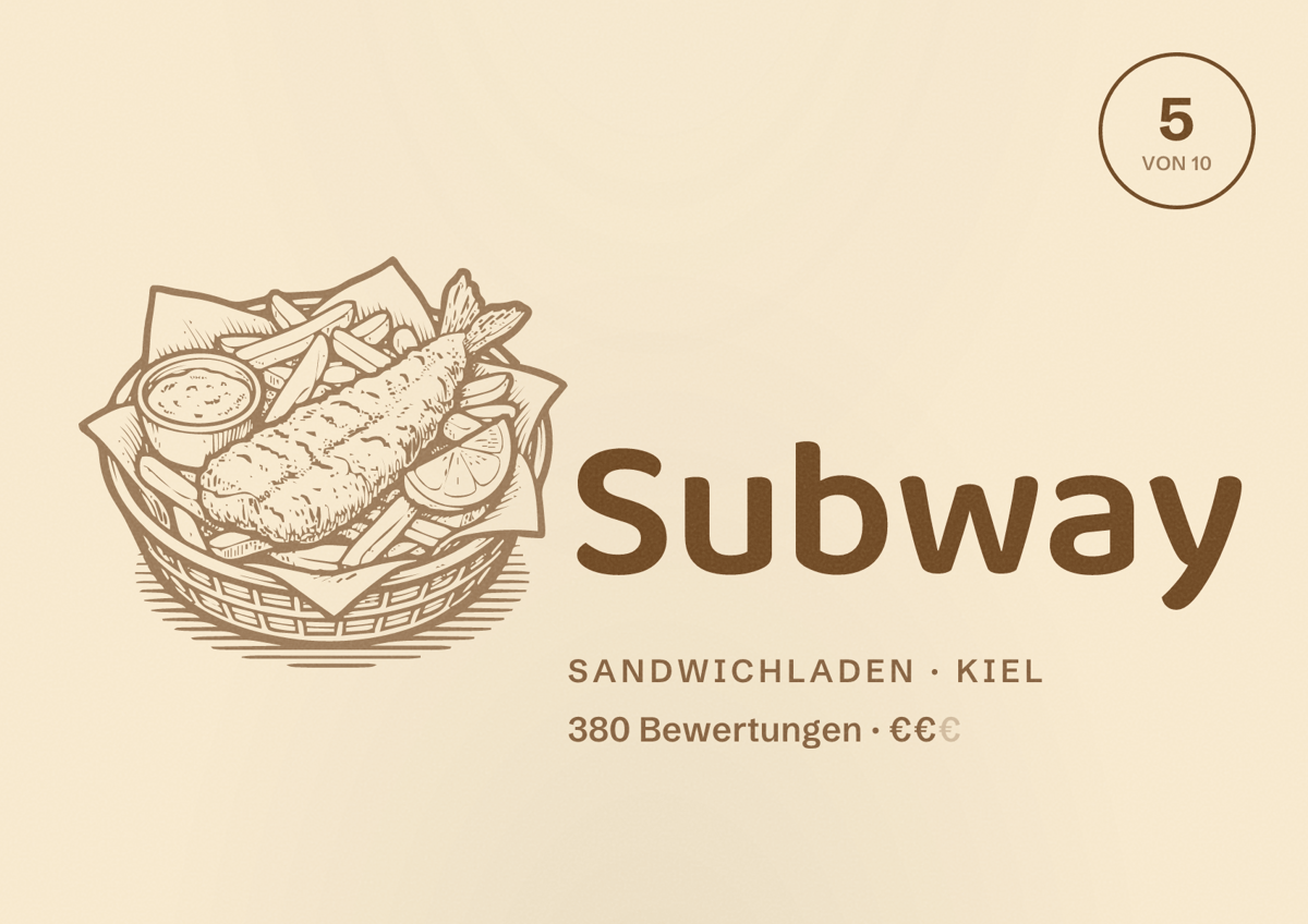 Illustriertes Poster von Subway, Sandwichladen in Kiel: Bewertung 5,0 von 10 aus 380 Bewertungen, Preisniveau €€
