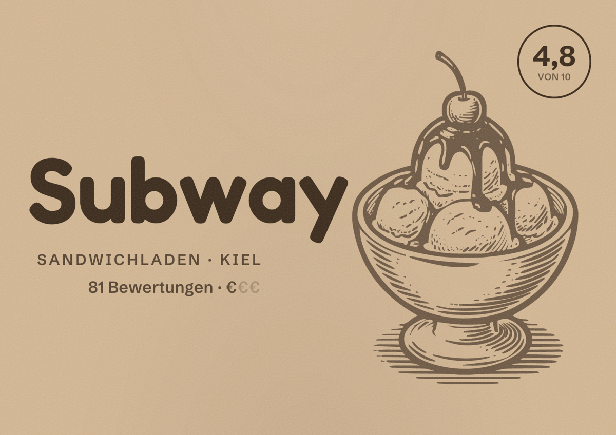 Illustriertes Poster von Subway, Sandwichladen in Kiel: Bewertung 4,8 von 10 aus 81 Bewertungen, Preisniveau €