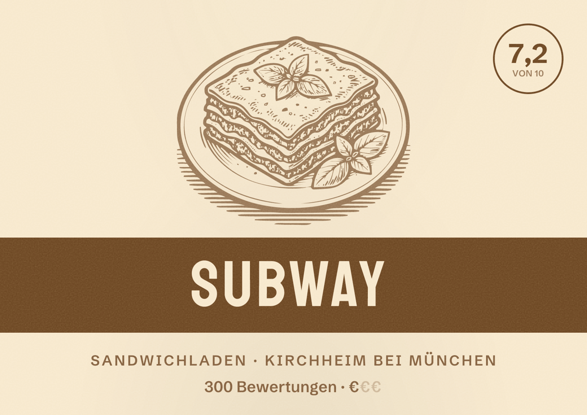 Illustriertes Poster von Subway, Sandwichladen in Kirchheim bei München: Bewertung 7,2 von 10 aus 300 Bewertungen, Preisniveau €