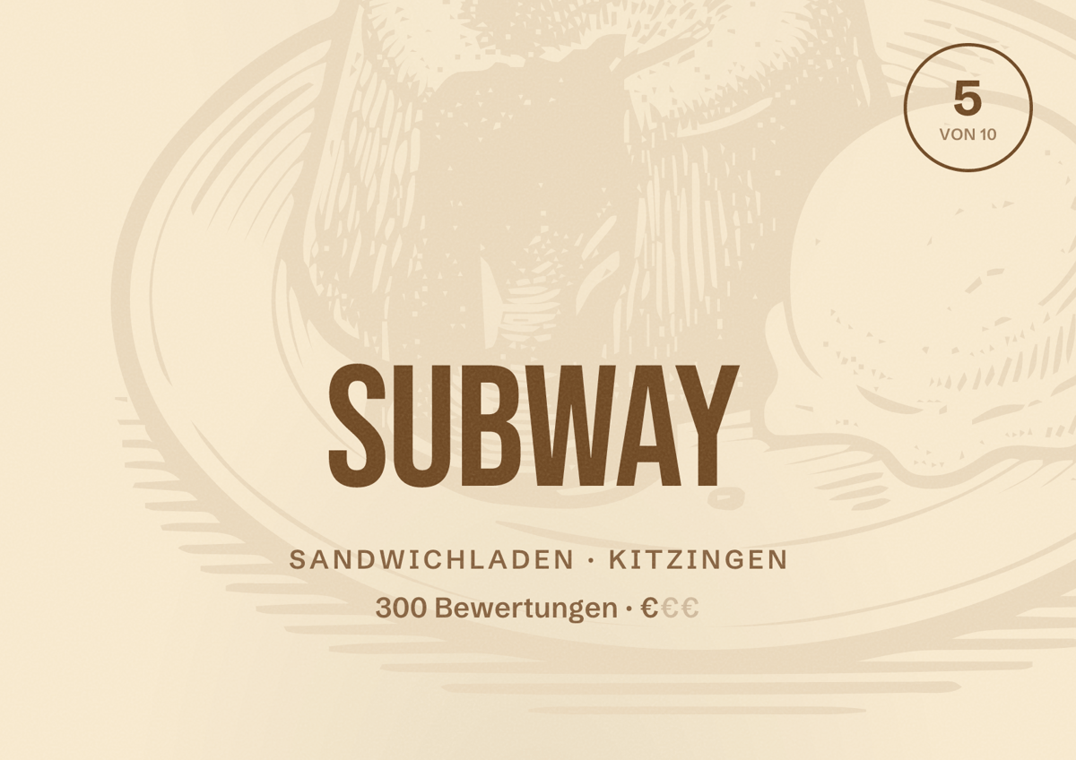 Illustriertes Poster von Subway, Sandwichladen in Kitzingen: Bewertung 5 von 10 aus 300 Bewertungen, Preisniveau €