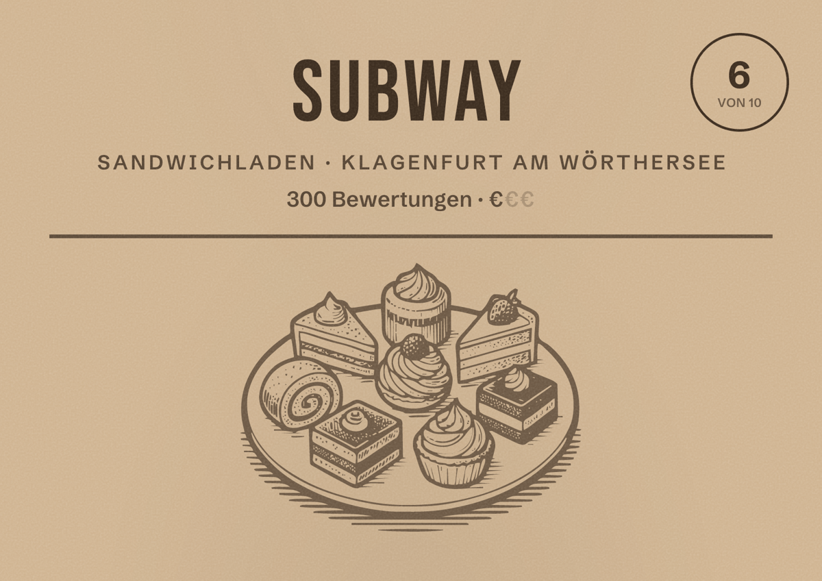 Illustriertes Poster von Subway, Sandwichladen in Klagenfurt am Wörthersee: Bewertung 6 von 10 aus 300 Bewertungen, Preisniveau €