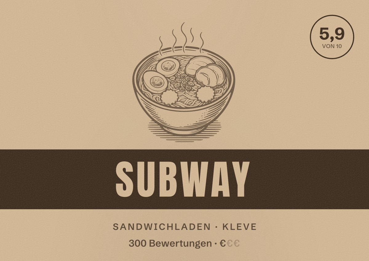 Illustriertes Poster von Subway, Sandwichladen in Kleve: Bewertung 5,9 von 10 aus 300 Bewertungen, Preisniveau €