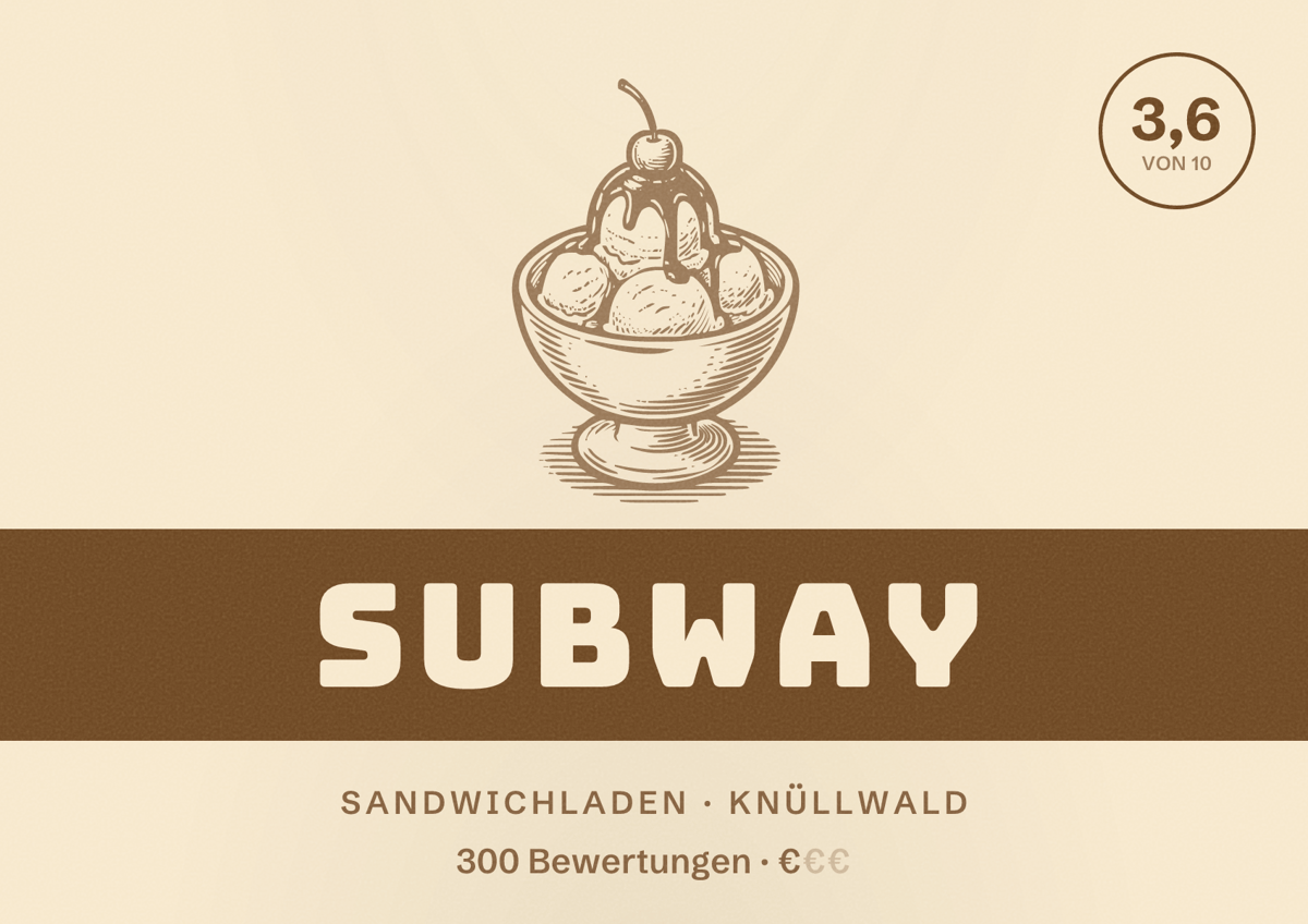 Illustriertes Poster von Subway, Sandwichladen in Knüllwald: Bewertung 3,6 von 10 aus 300 Bewertungen, Preisniveau €