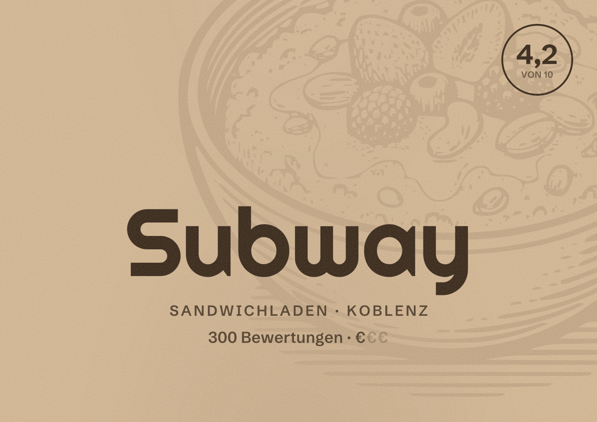 Illustriertes Poster von Subway, Sandwichladen in Koblenz: Bewertung 4,2 von 10 aus 300 Bewertungen, Preisniveau €