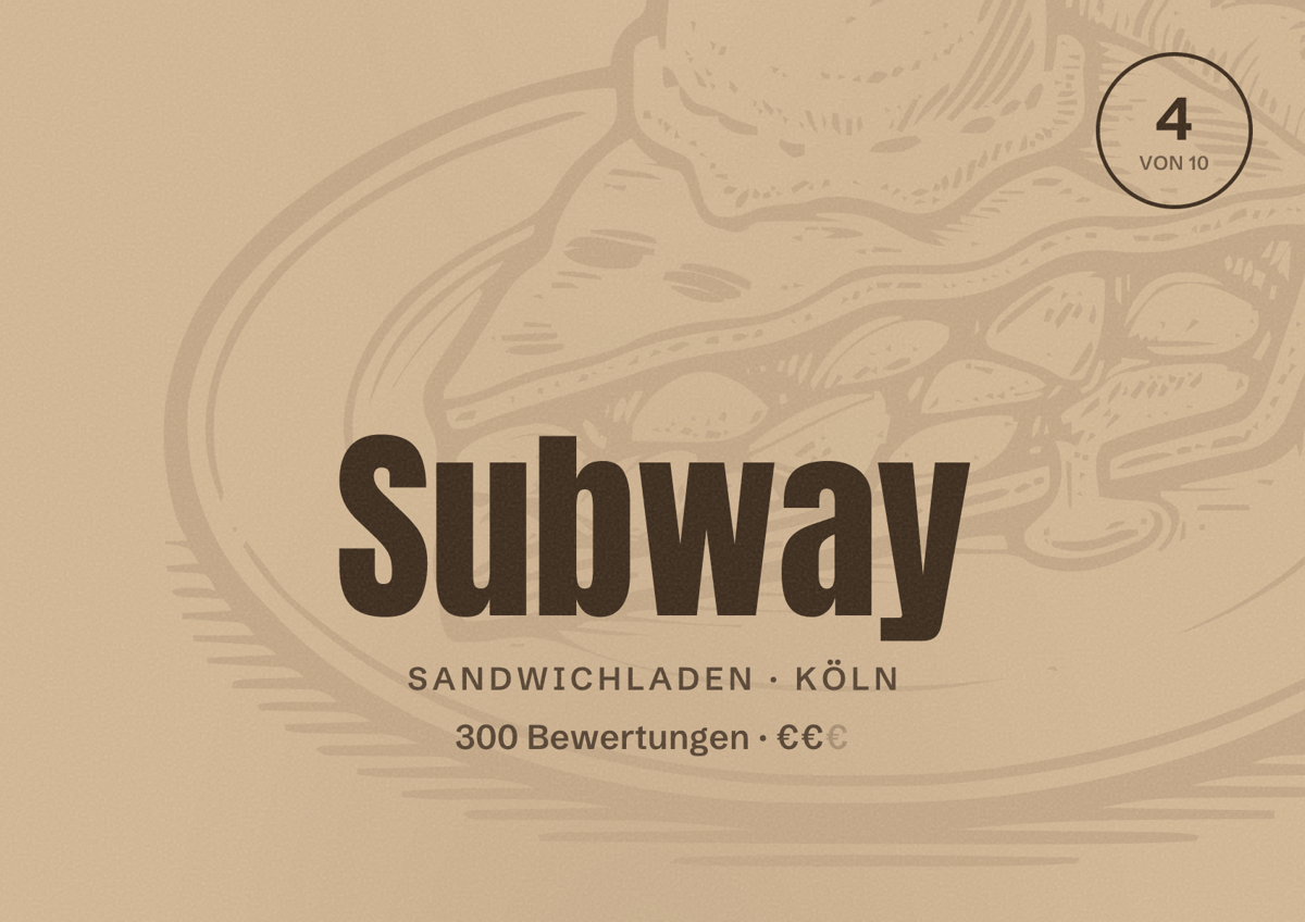 Illustriertes Poster von Subway, Sandwichladen in Köln: Bewertung 4,0 von 10 aus 300 Bewertungen, Preisniveau €€